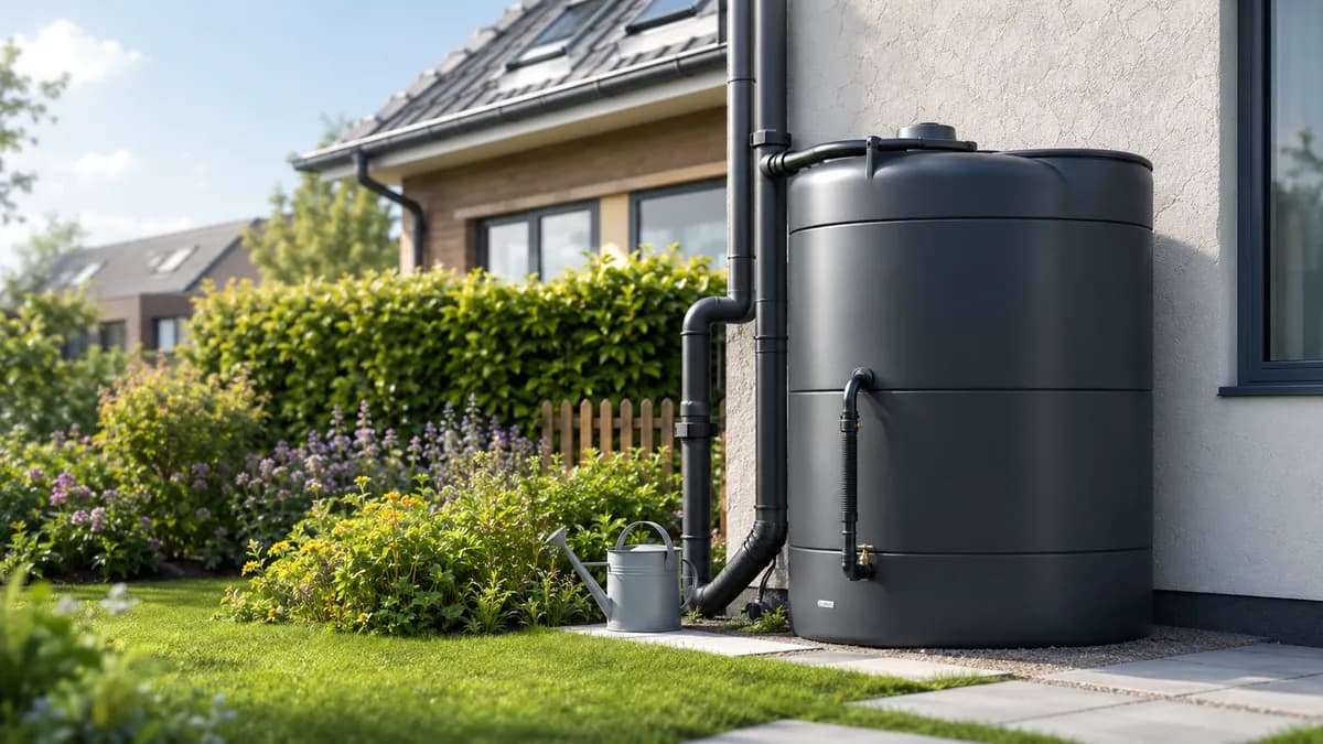 Zwarte regenwatertank aangesloten op de regenpijp van een woning